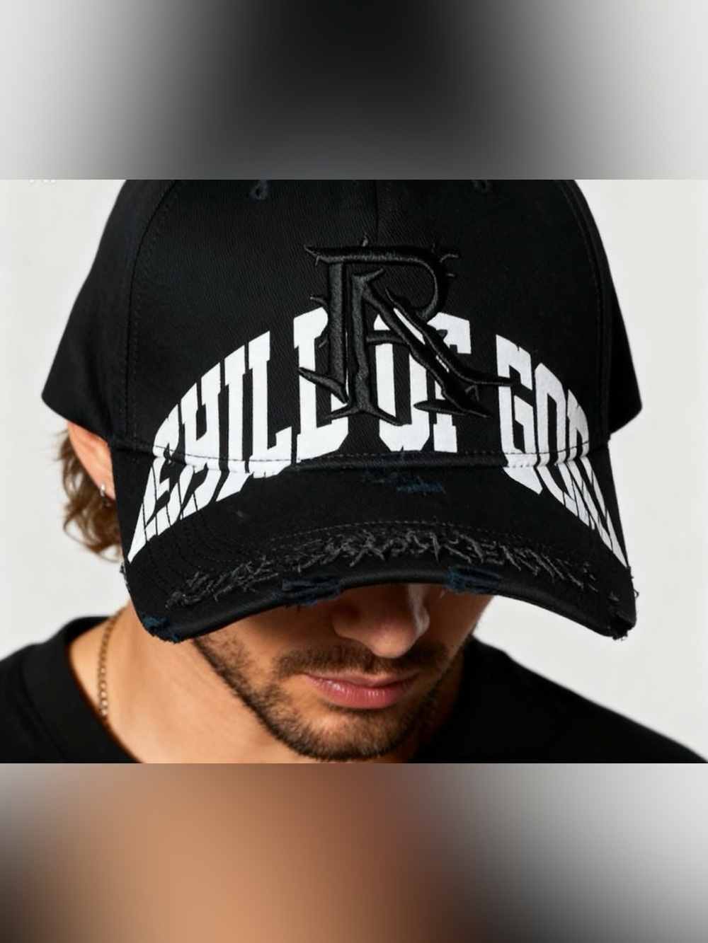 Black Distressed Baseball Cap with White Graphic and Embroidered R Logo
